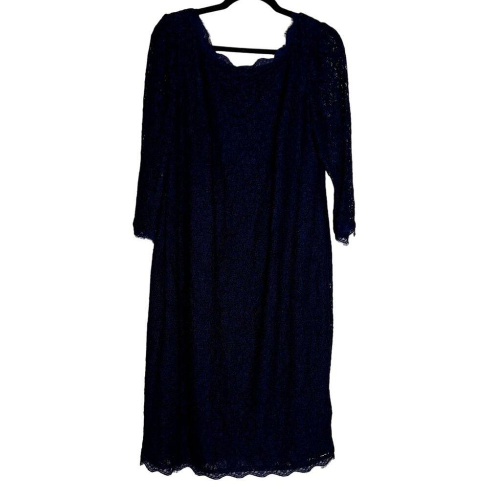 Adrianna Papell Shift Dress Women's 14 W Black Rayon Lace 3/4 Sleeve Back Zip